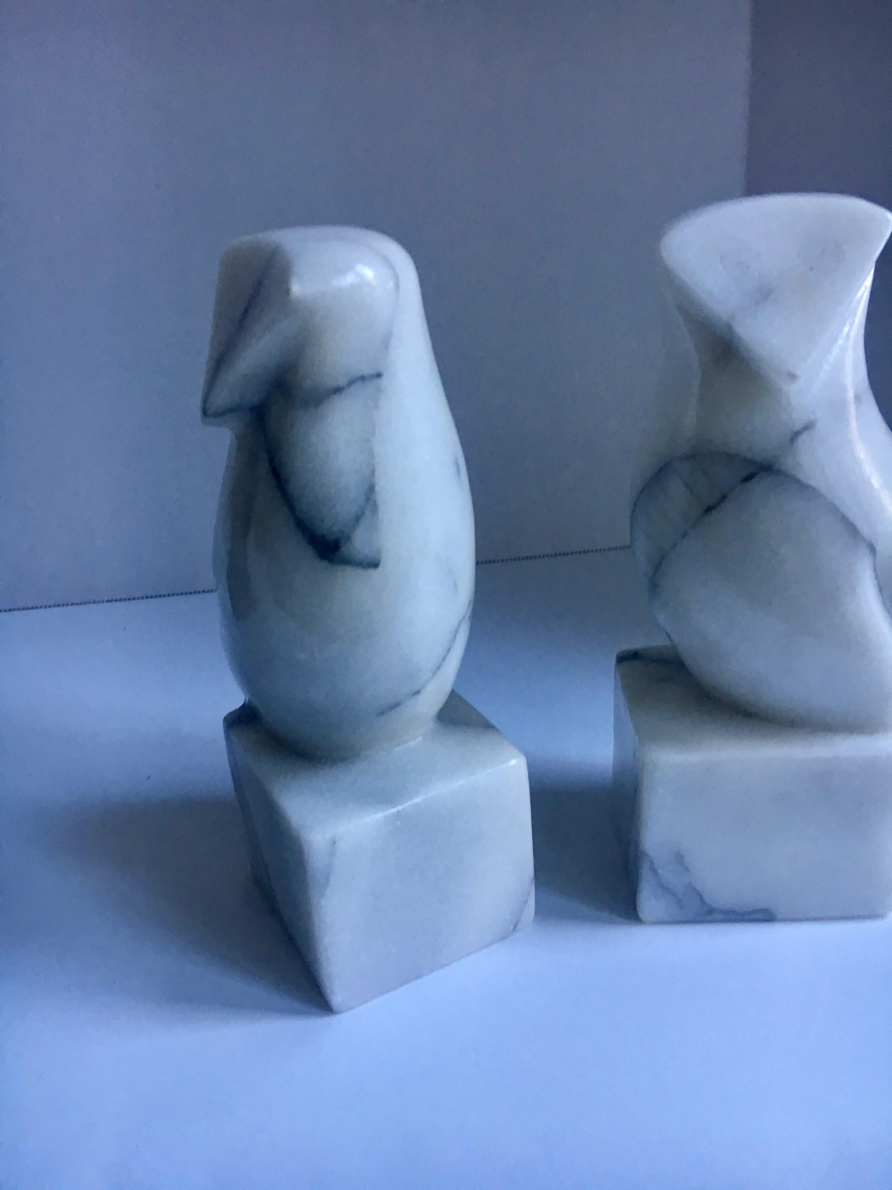 Pair of Carrara Marble Owl Bookends In Good Condition In Los Angeles, CA