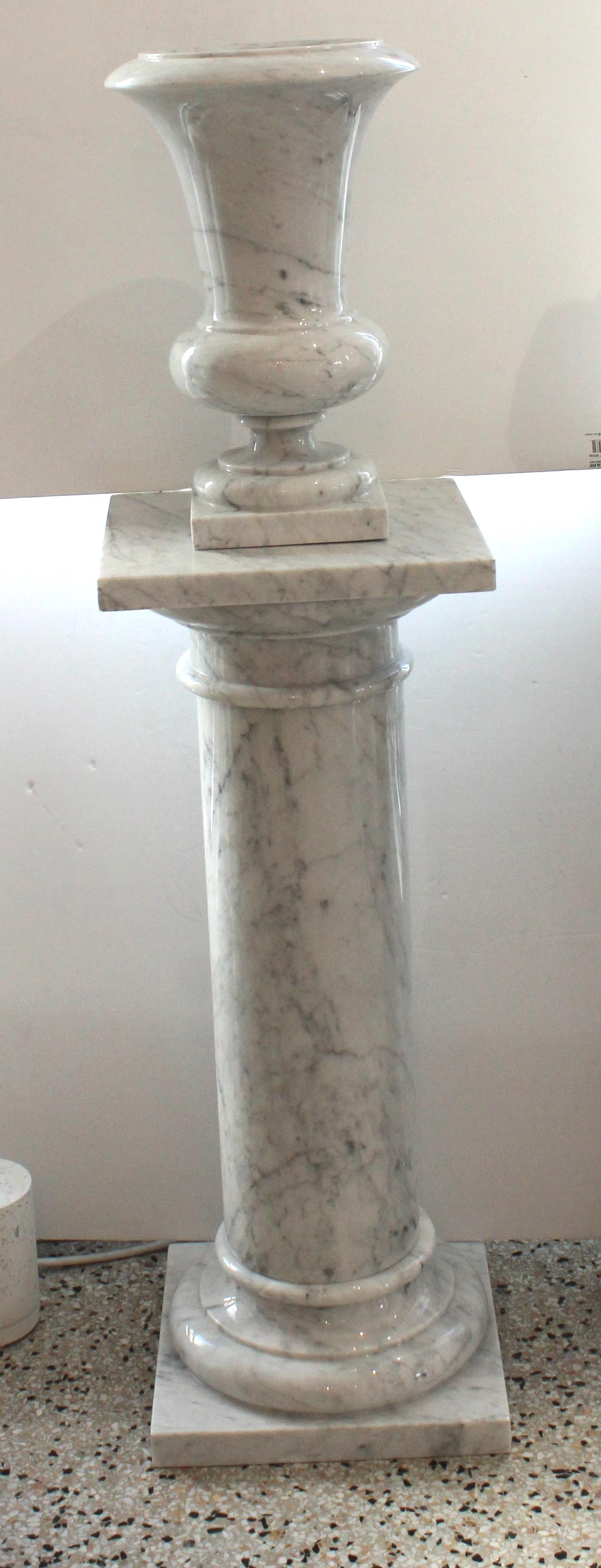 Pair of Carrara White Marble Urns on Stands For Sale 5