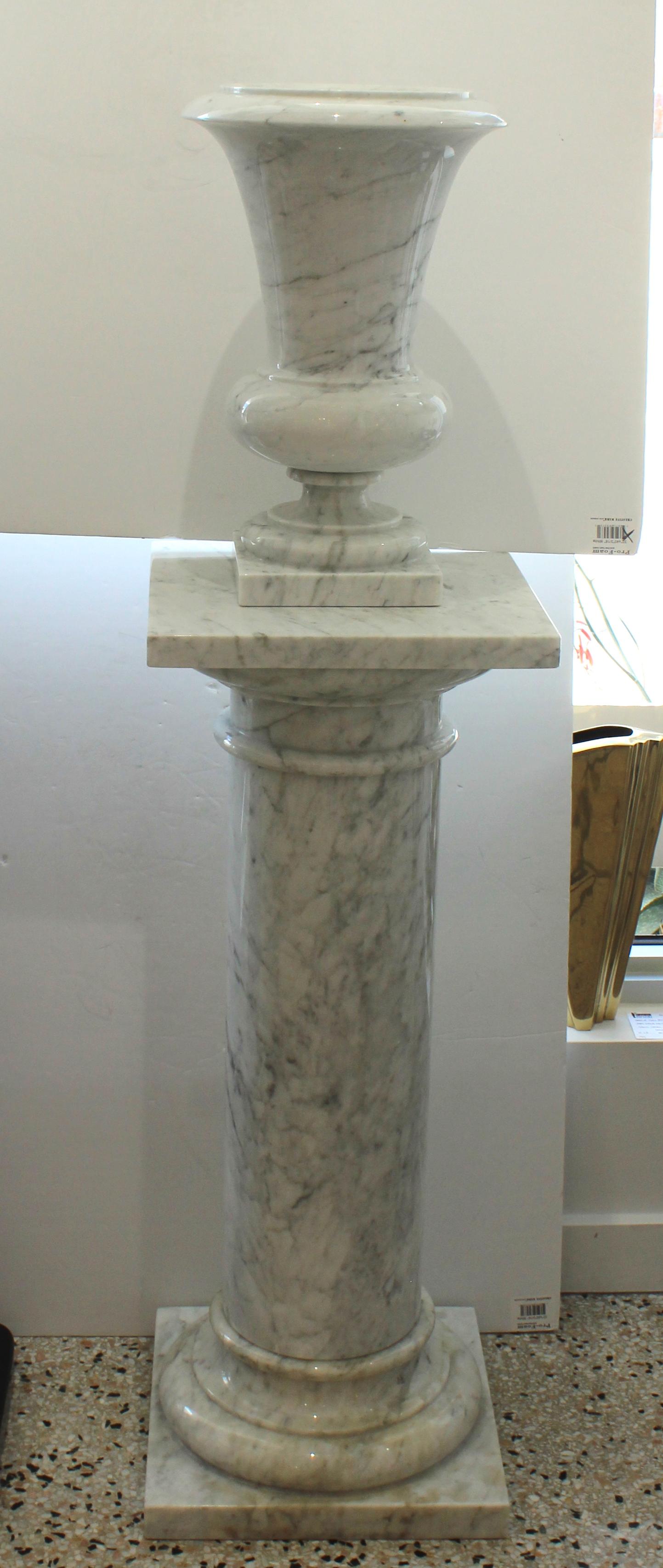 Pair of Carrara White Marble Urns on Stands For Sale 8