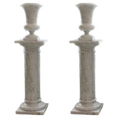 Pair of Carrara White Marble Urns on Stands