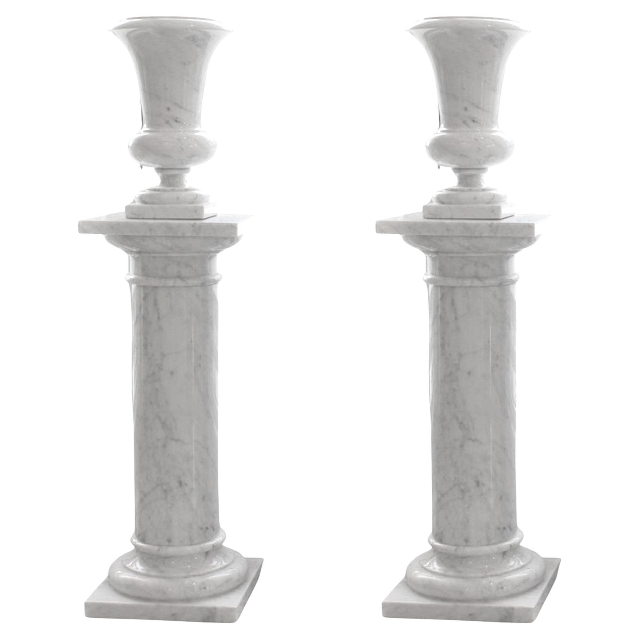 Pair of Carrara White Marble Urns on Stands For Sale