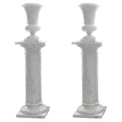 Vintage Pair of Carrara White Marble Urns on Stands