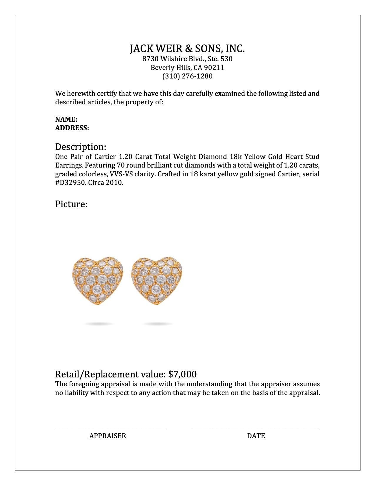 Women's or Men's Pair of Cartier 1.20 Carat Total Weight Diamond 18k Gold Heart Stud Earrings For Sale