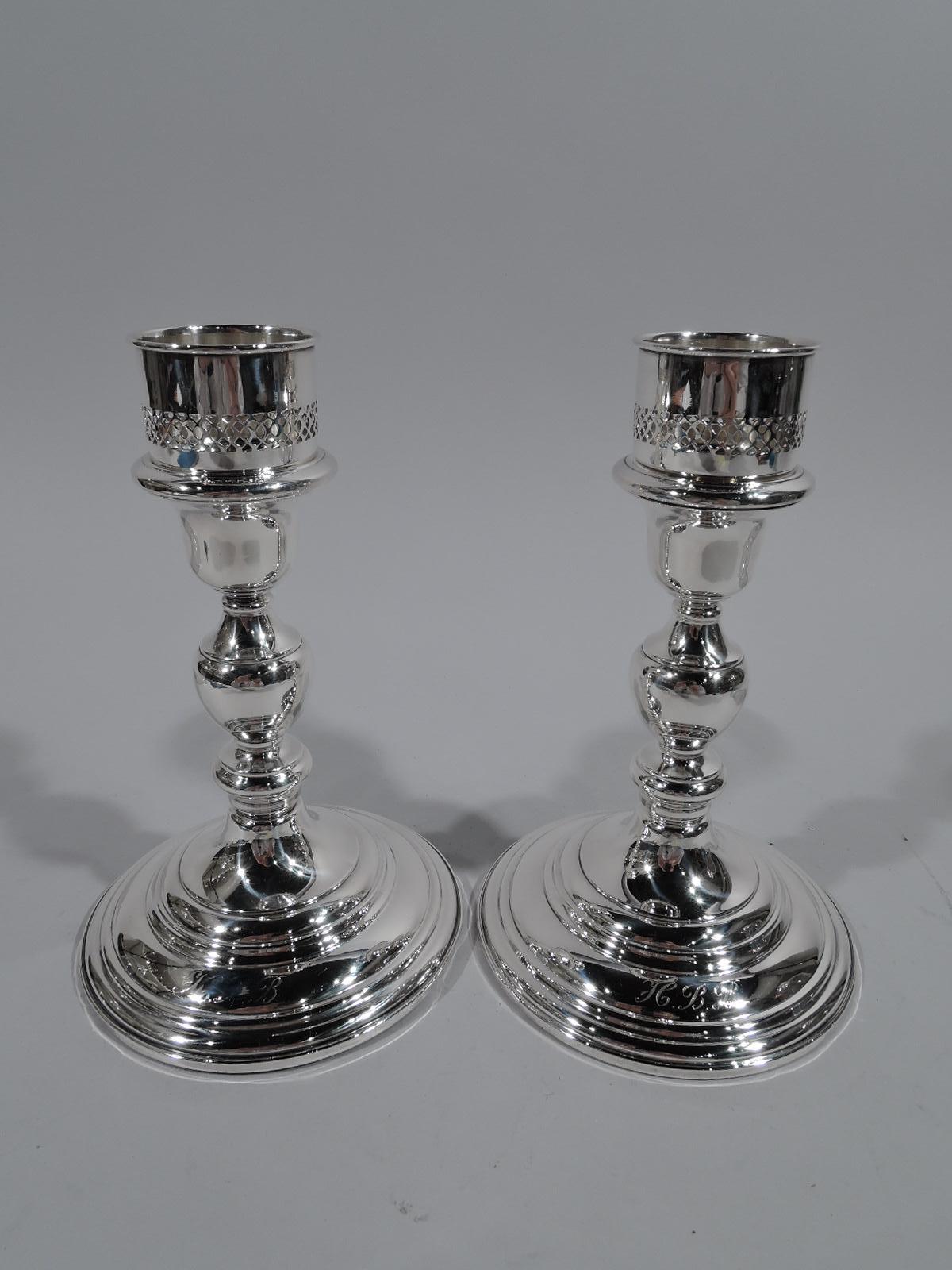 Colonial Revival Pair of Cartier American Sterling Silver and Glass Hurricane Lamps