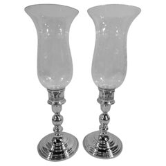 Pair of Cartier American Sterling Silver and Glass Hurricane Lamps