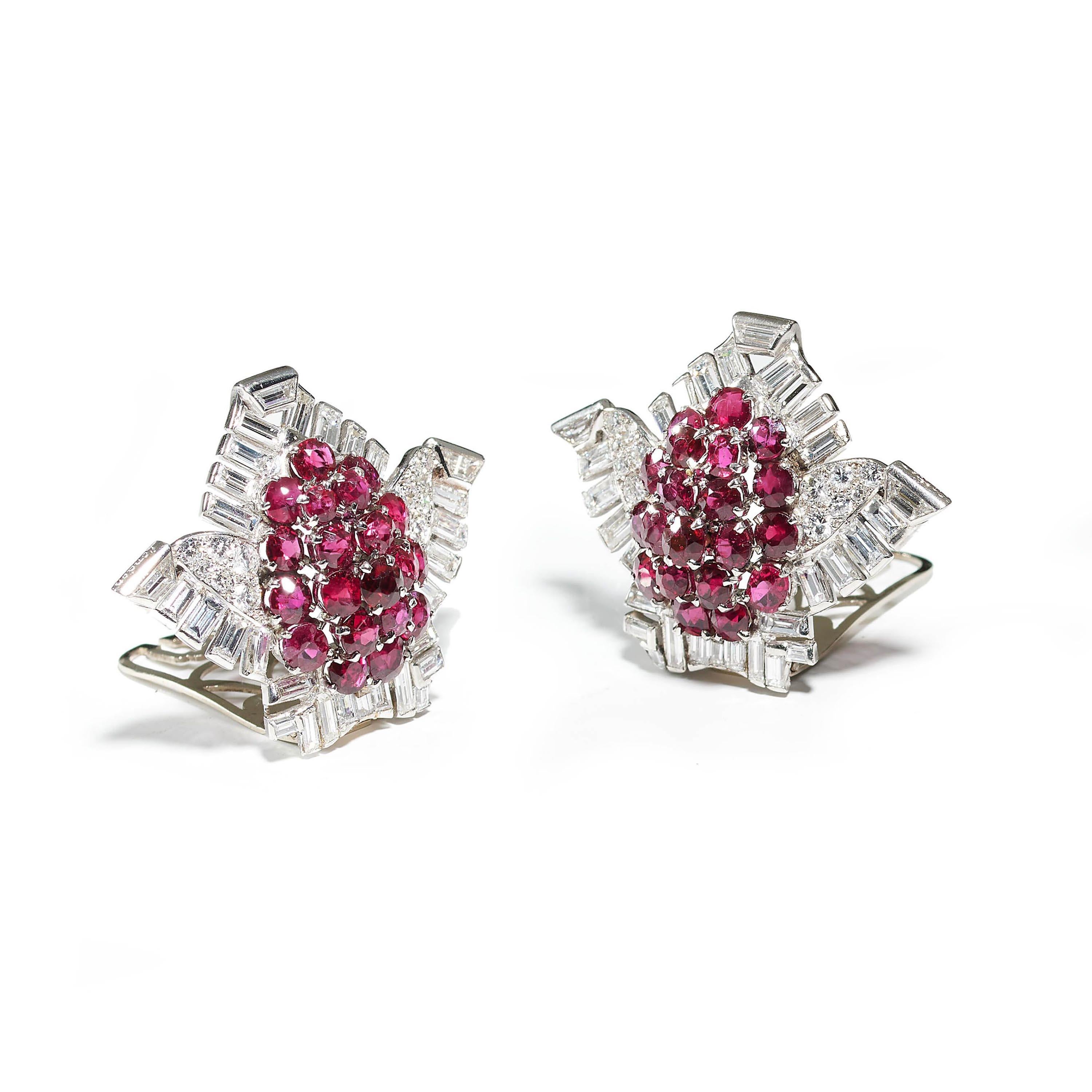 Baguette Cut Pair of Cartier Art Deco Ruby, Diamond and Platinum Clips, Circa 1937 For Sale