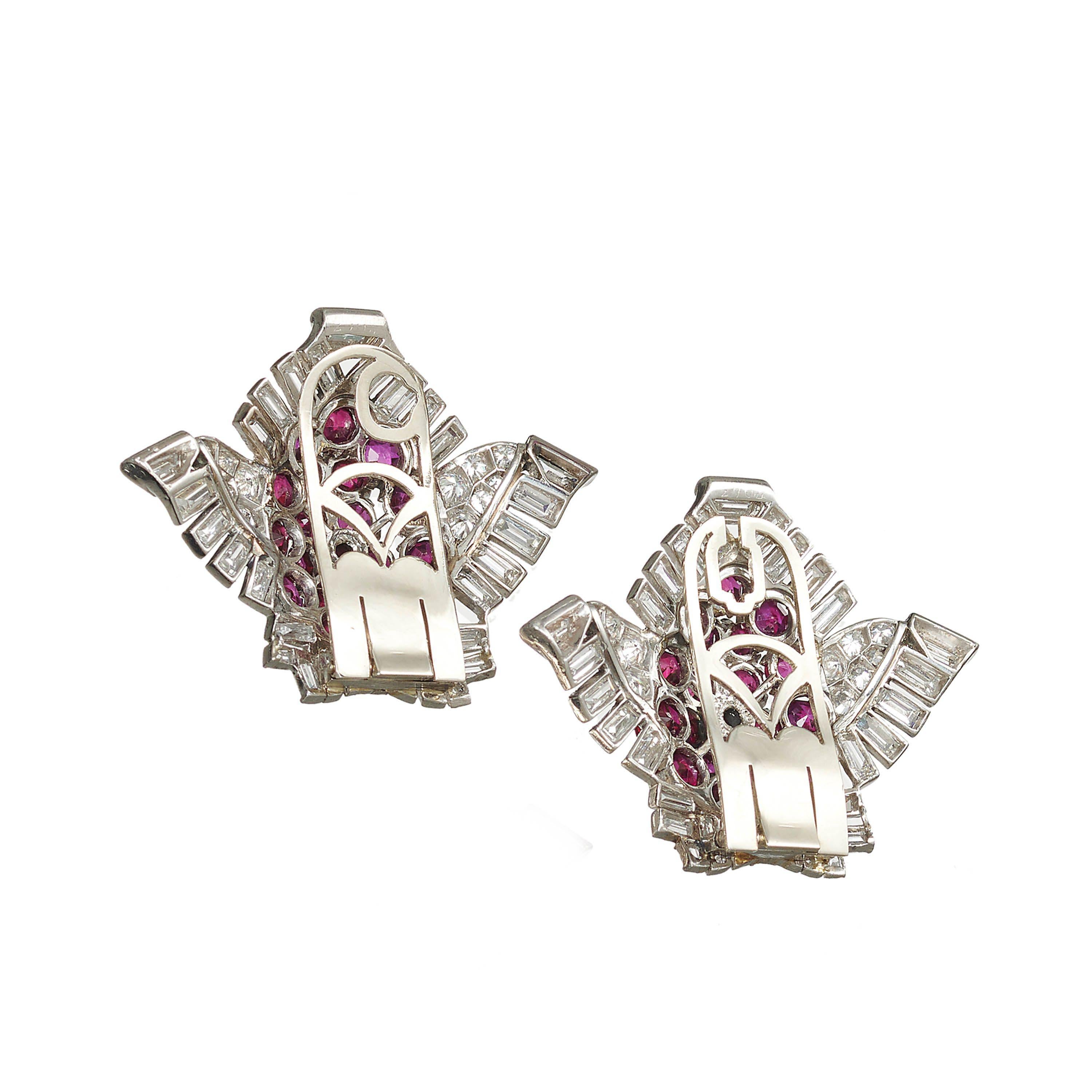 Women's Pair of Cartier Art Deco Ruby, Diamond and Platinum Clips, Circa 1937 For Sale