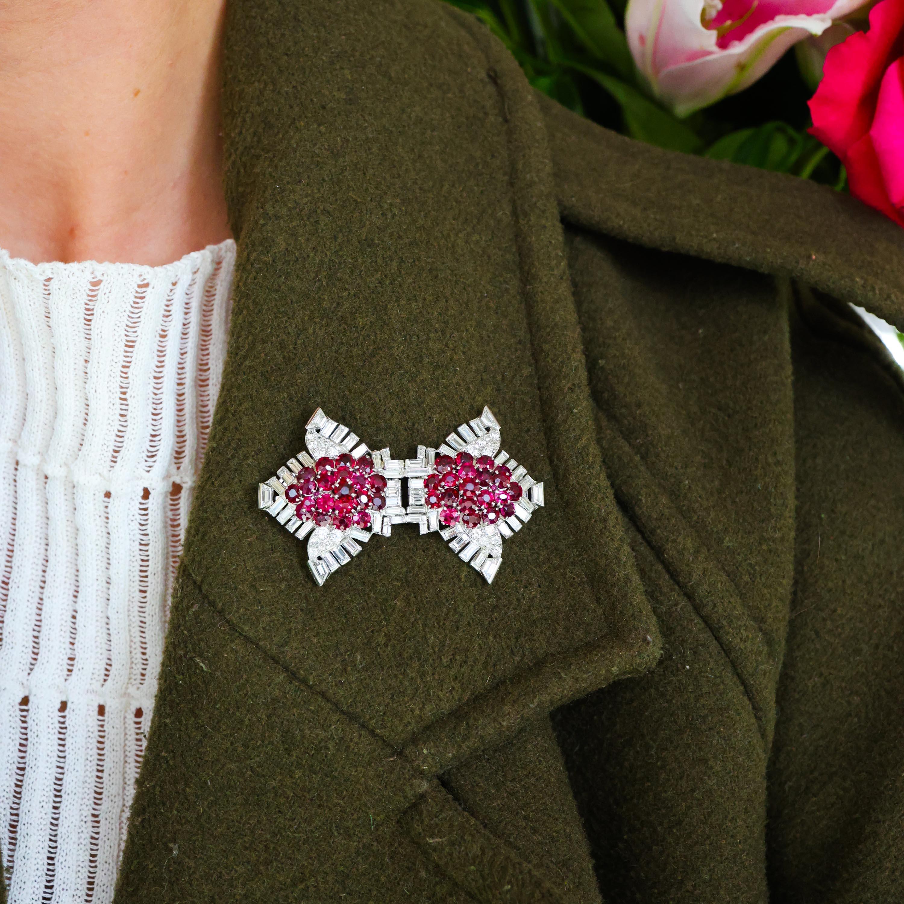 Pair of Cartier Art Deco Ruby, Diamond and Platinum Clips, Circa 1937 For Sale 1