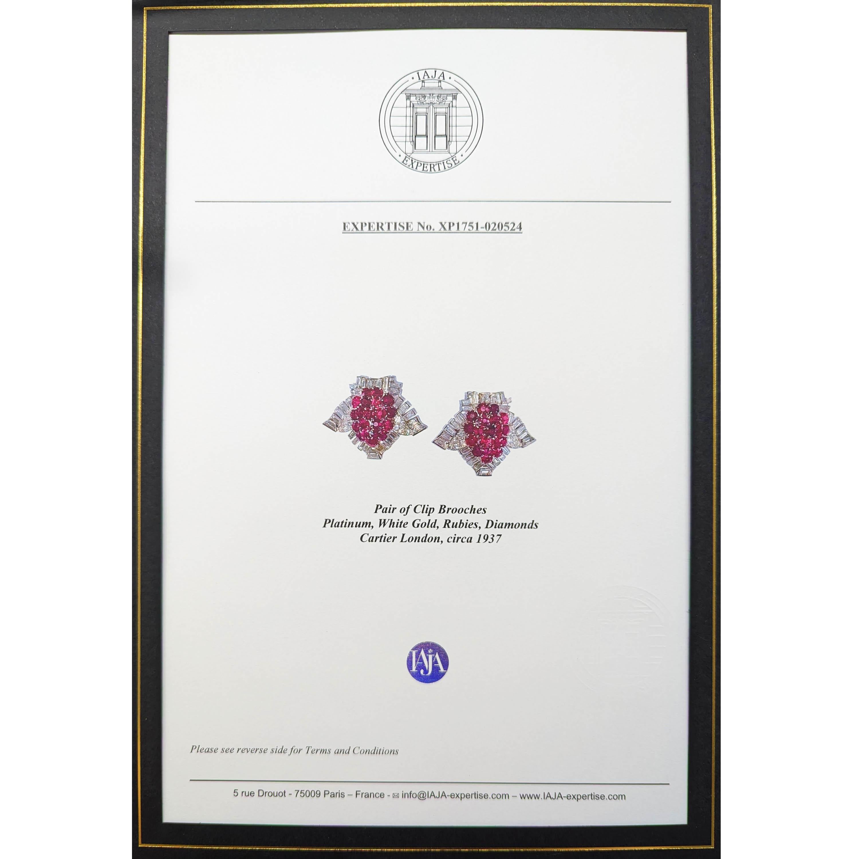 Pair of Cartier Art Deco Ruby, Diamond and Platinum Clips, Circa 1937 For Sale 2