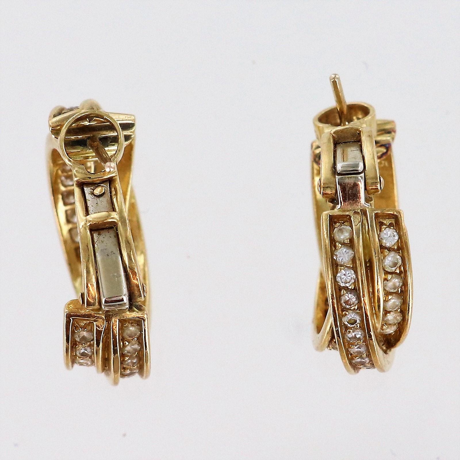 Round Cut Pair of Cartier Diamond 18 Karat Yellow Gold Trinity Hoop Earrings For Sale