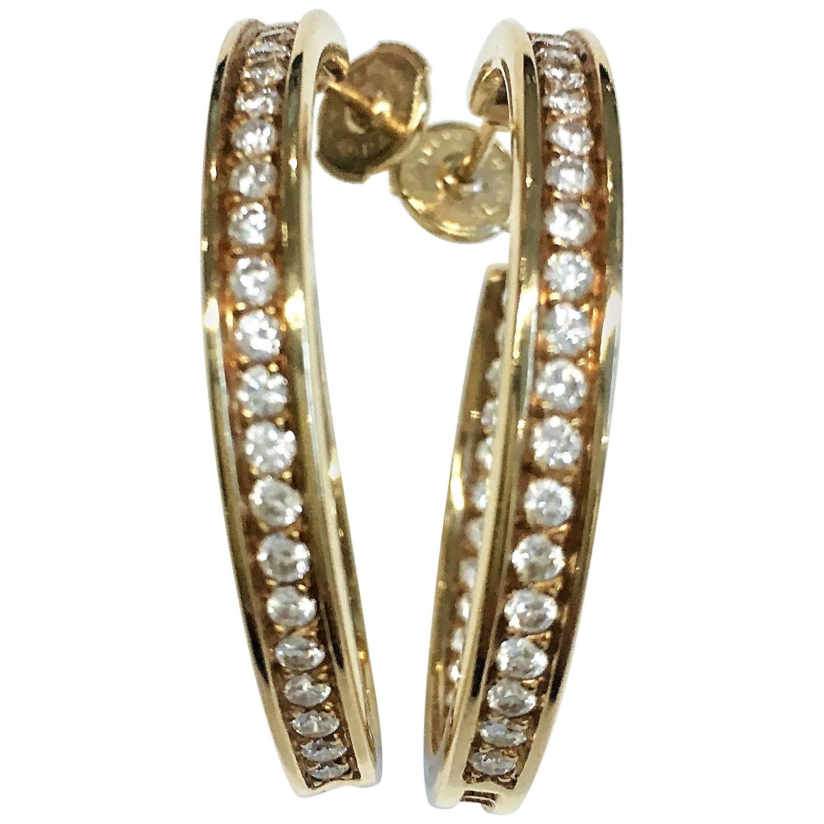 Pair of Cartier Diamond Yellow Gold Hoop Earrings For Sale
