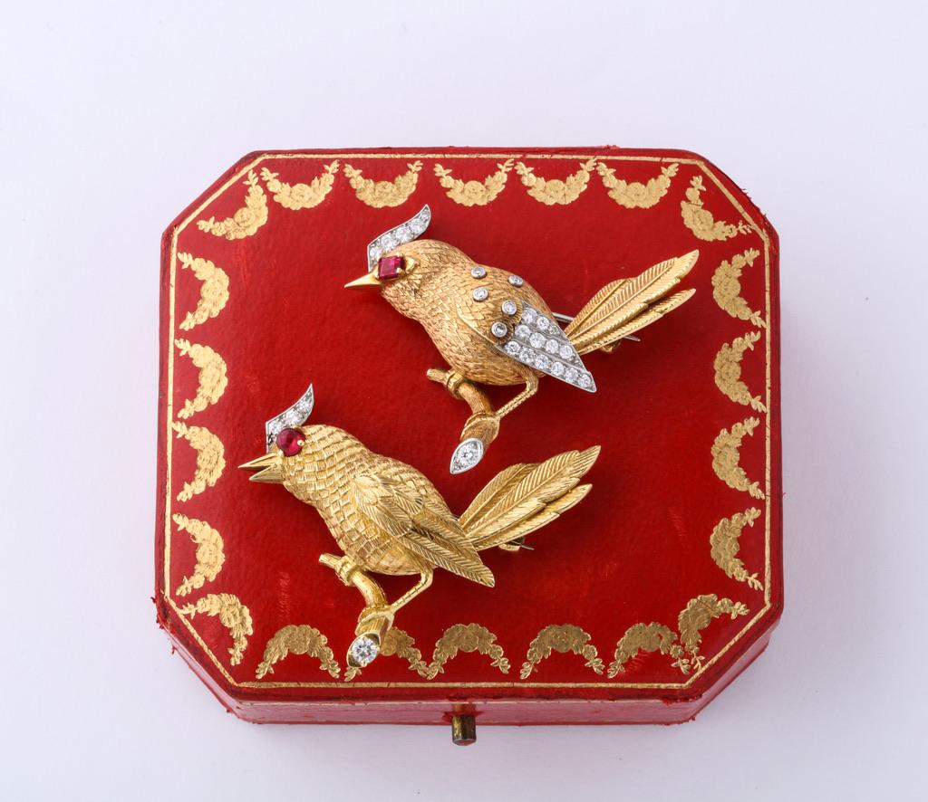 Women's or Men's Pair of Cartier Ruby Diamond Bird Brooches