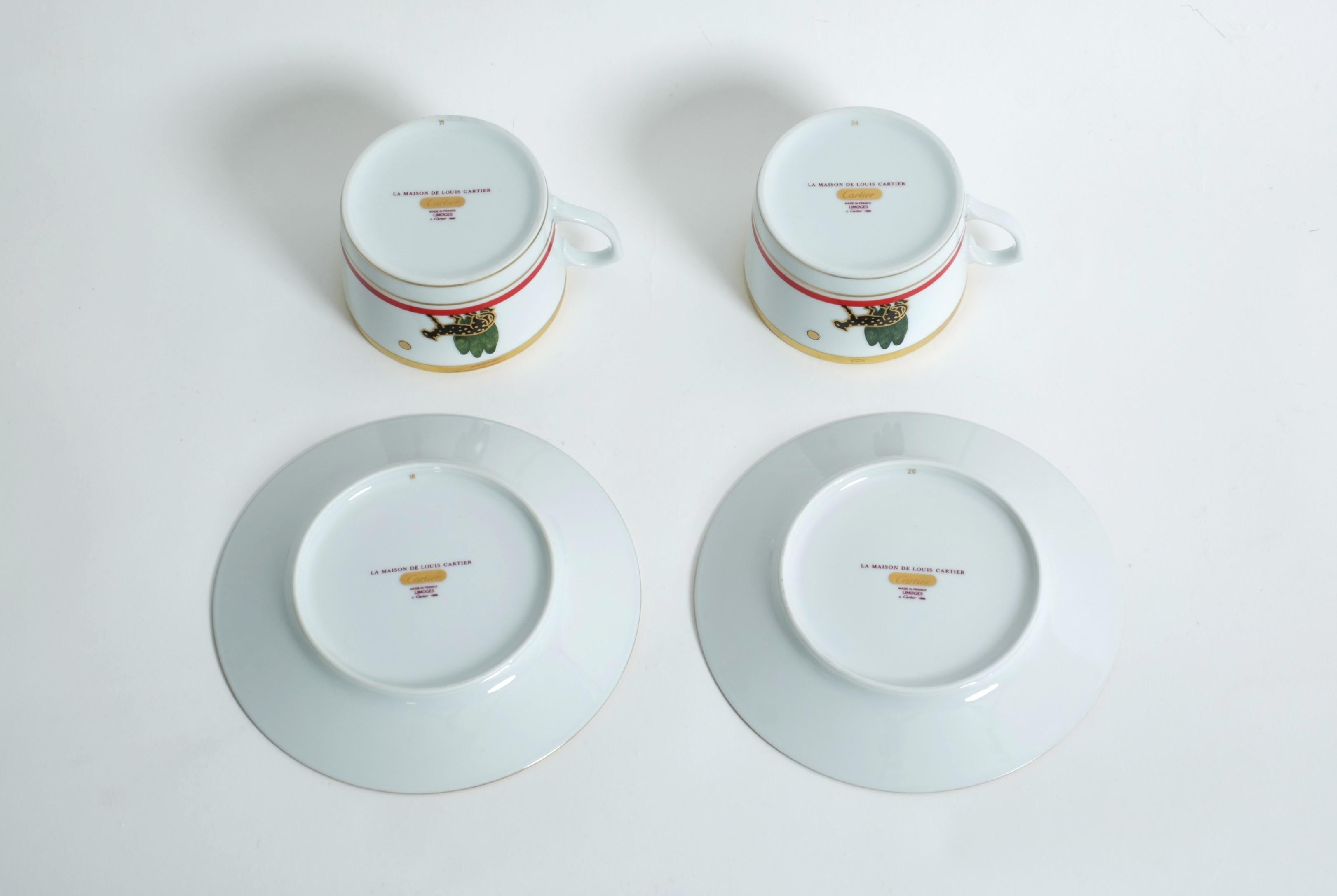 Paire de tasses à thé ou à café Cartier, soucoupes panthère pour porcelaine de Limoges, France en vente 11