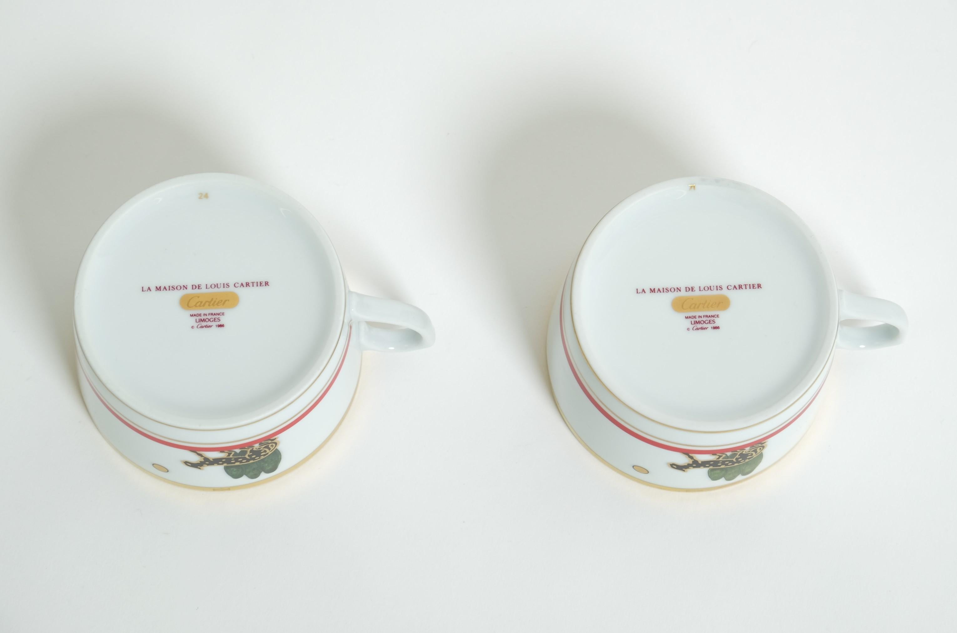 Paire de tasses à thé ou à café Cartier, soucoupes panthère pour porcelaine de Limoges, France en vente 12