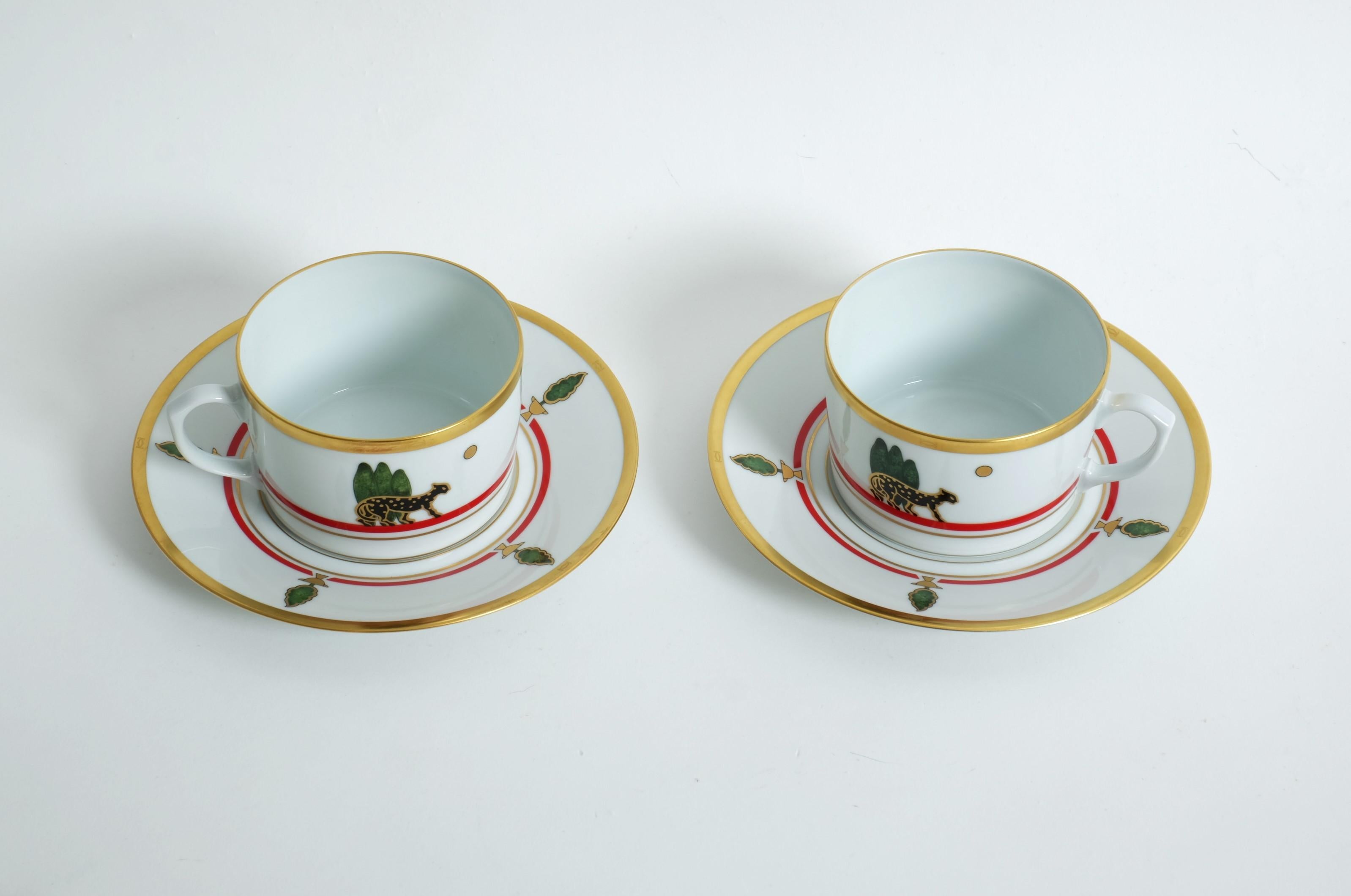 Français Paire de tasses à thé ou à café Cartier, soucoupes panthère pour porcelaine de Limoges, France en vente