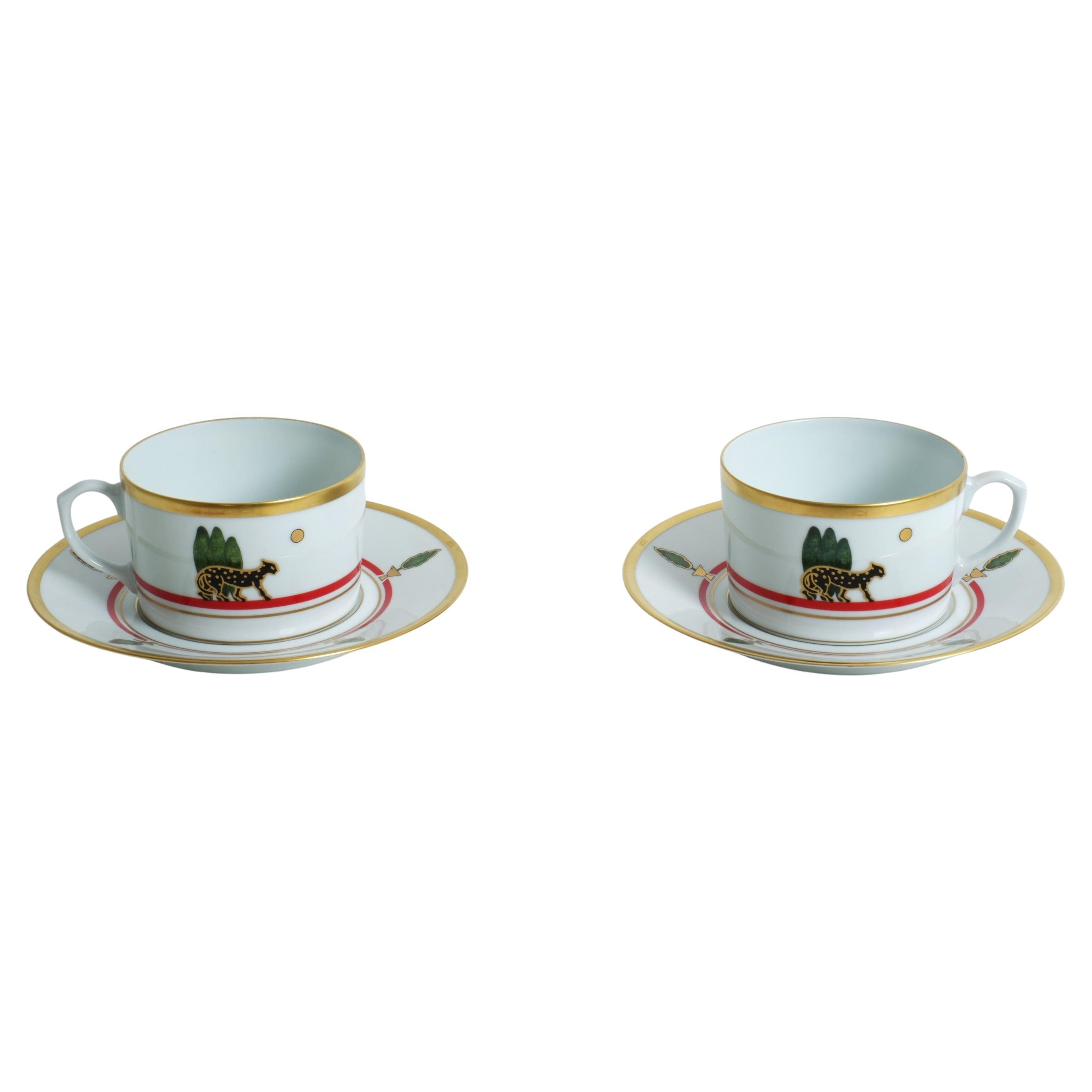 Paire de tasses à thé ou à café Cartier, soucoupes panthère pour porcelaine de Limoges, France