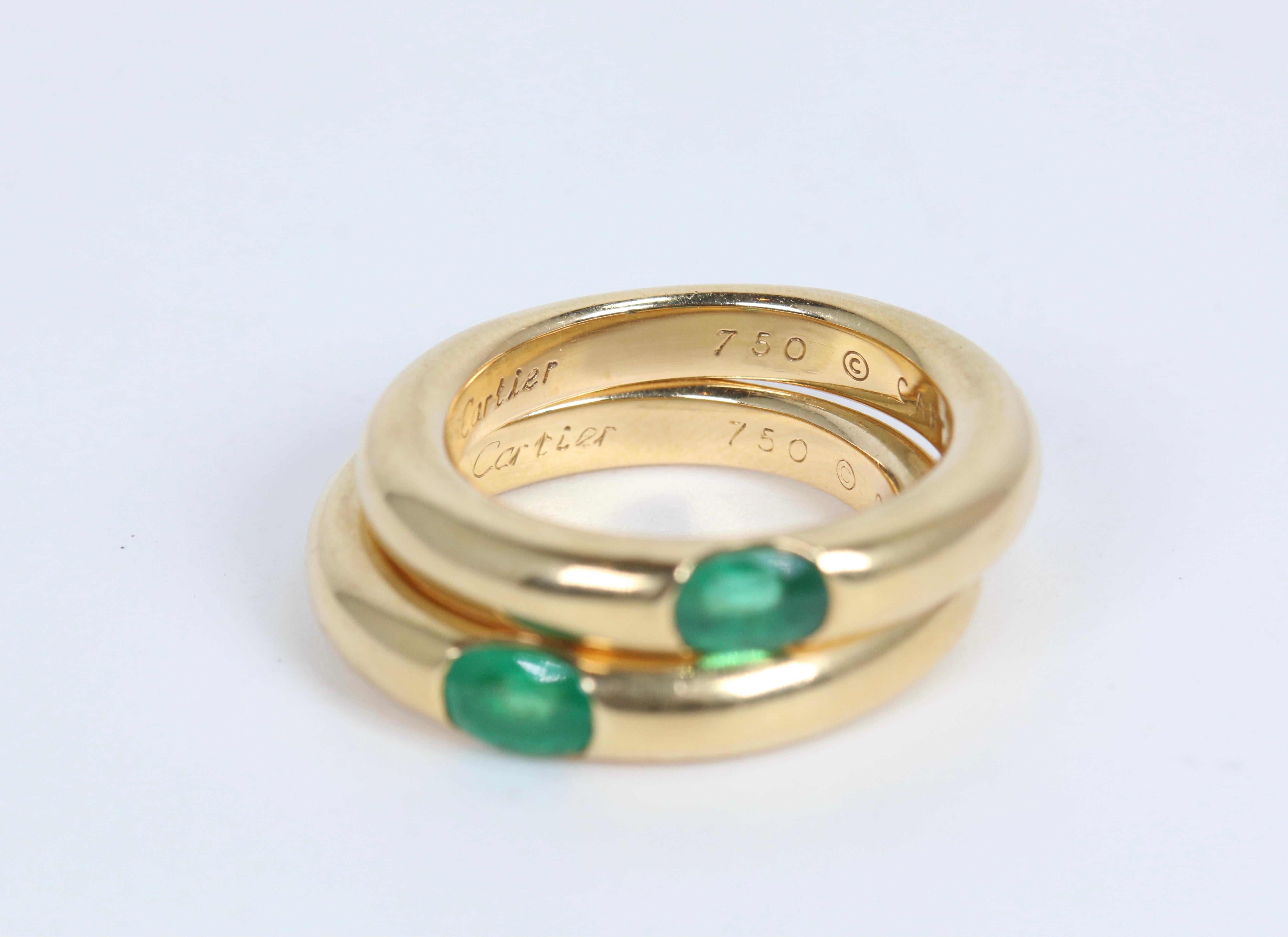 Women's or Men's Pair of Cartier Yellow Gold Bands with Single Emeralds