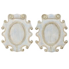 Pair of Cartouche Carved Wood Plaques with Scrolled Edges, Blue with Gray