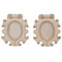 Pair of Cartouche Carved Wood Plaques with Scrolled Edges, Pale Blue with Taupe