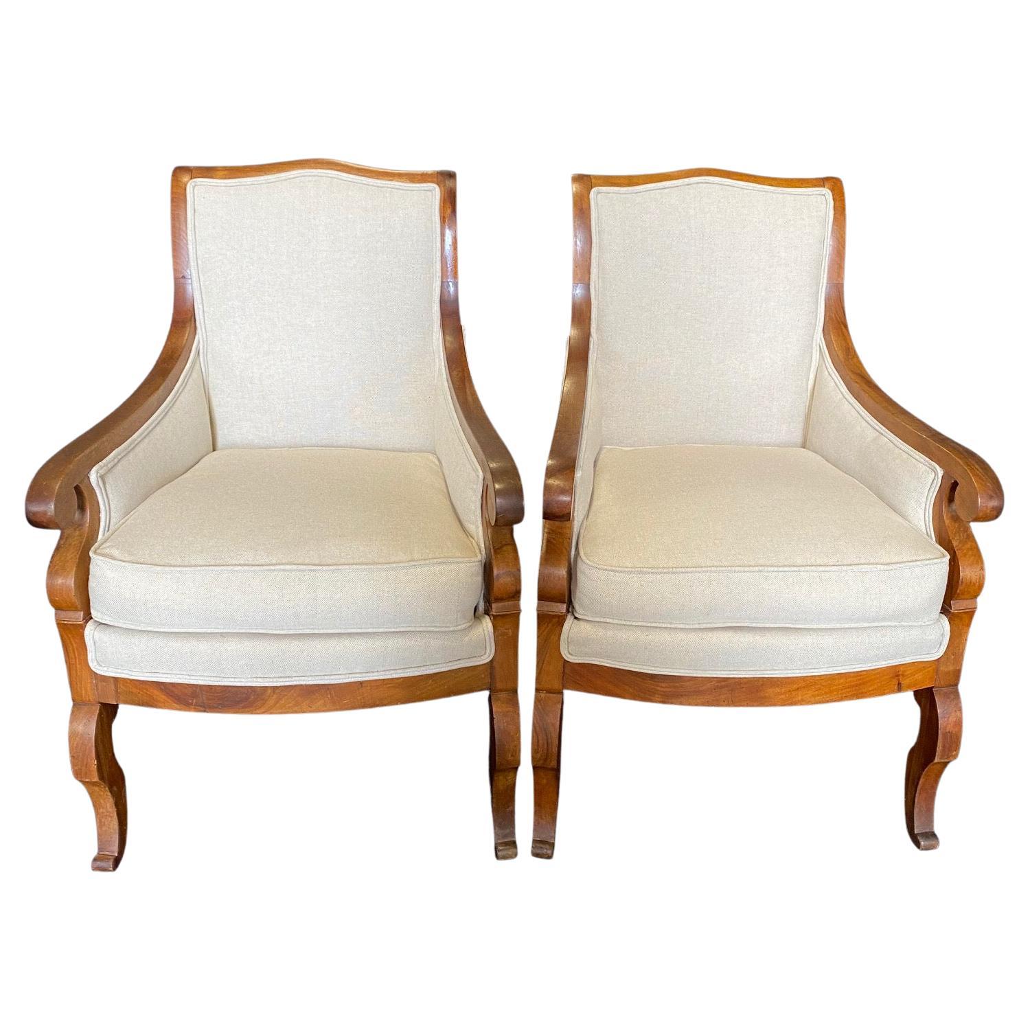 Pair of French 19th Century Walnut Neoclassical Empire Restoration Armchairs