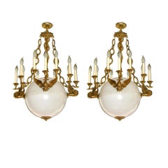 Pair of Carved Alabaster and Gilt Bronze Chandeliers. Sold Individually.
