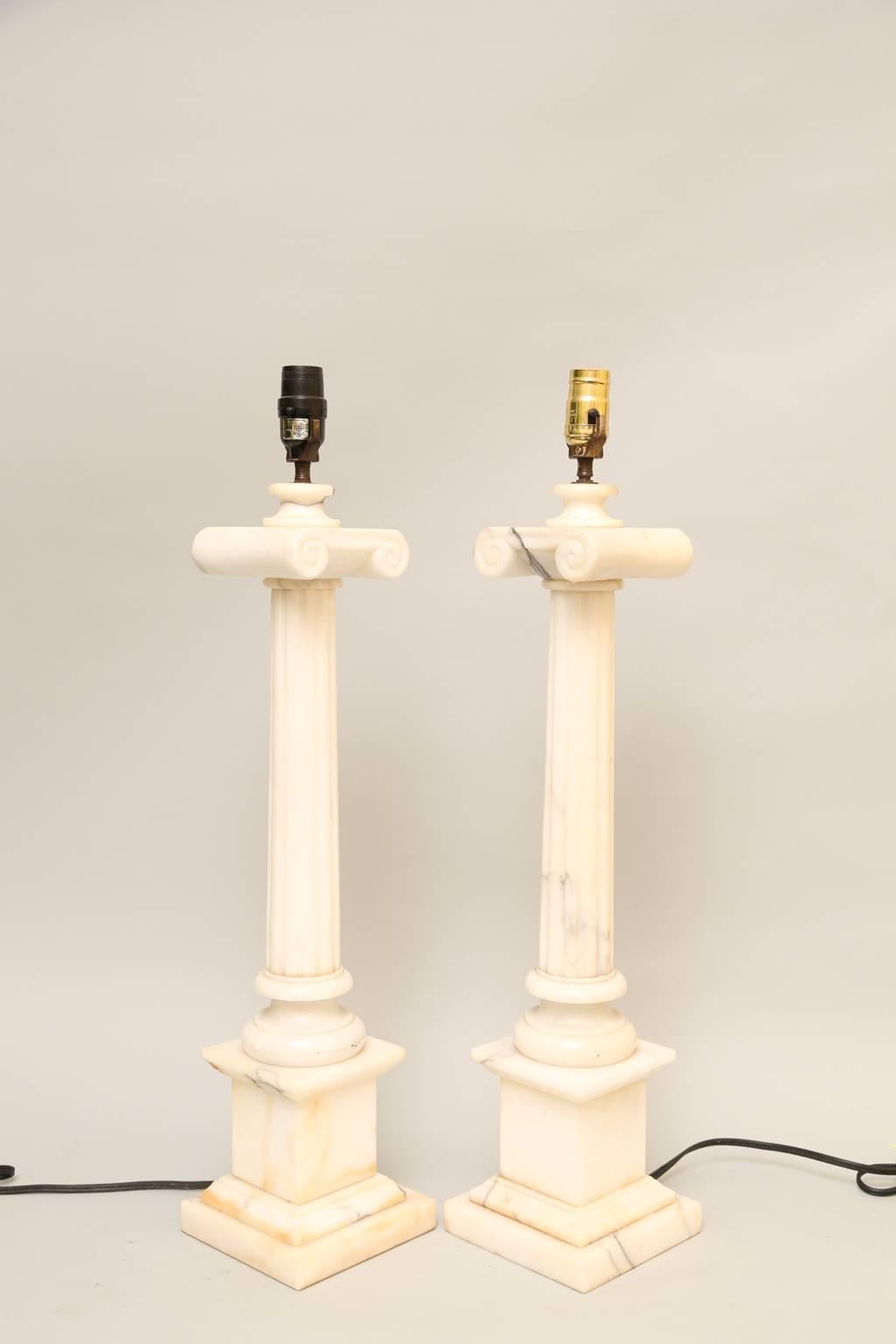 Pair of Carved Alabaster Columnar Form Table Lamps 4