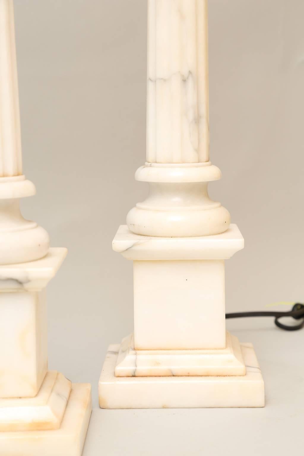 Pair of Carved Alabaster Columnar Form Table Lamps 5