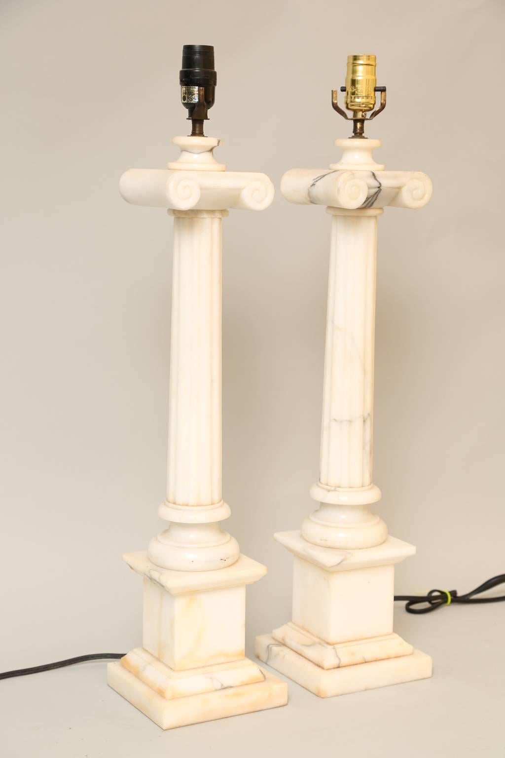 Neoclassical Pair of Carved Alabaster Columnar Form Table Lamps