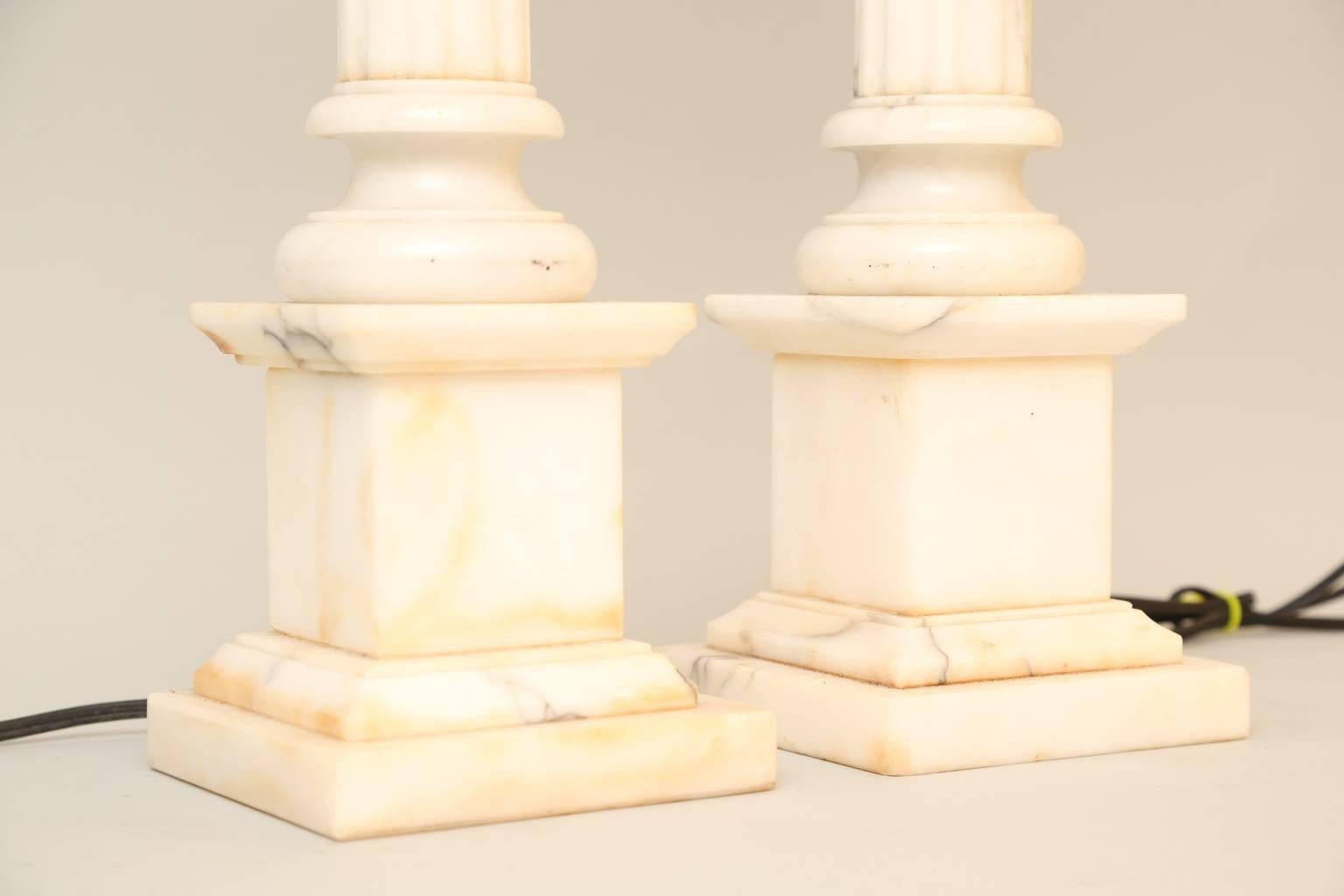 Pair of Carved Alabaster Columnar Form Table Lamps In Excellent Condition In West Palm Beach, FL
