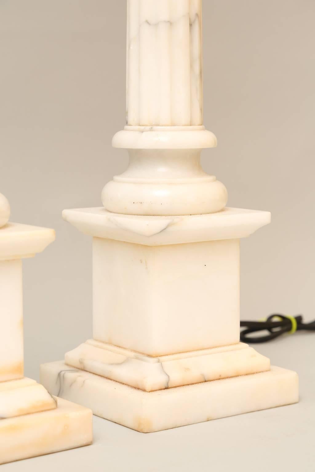 Pair of Carved Alabaster Columnar Form Table Lamps 1