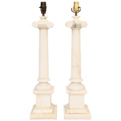 Pair of Carved Alabaster Columnar Form Table Lamps