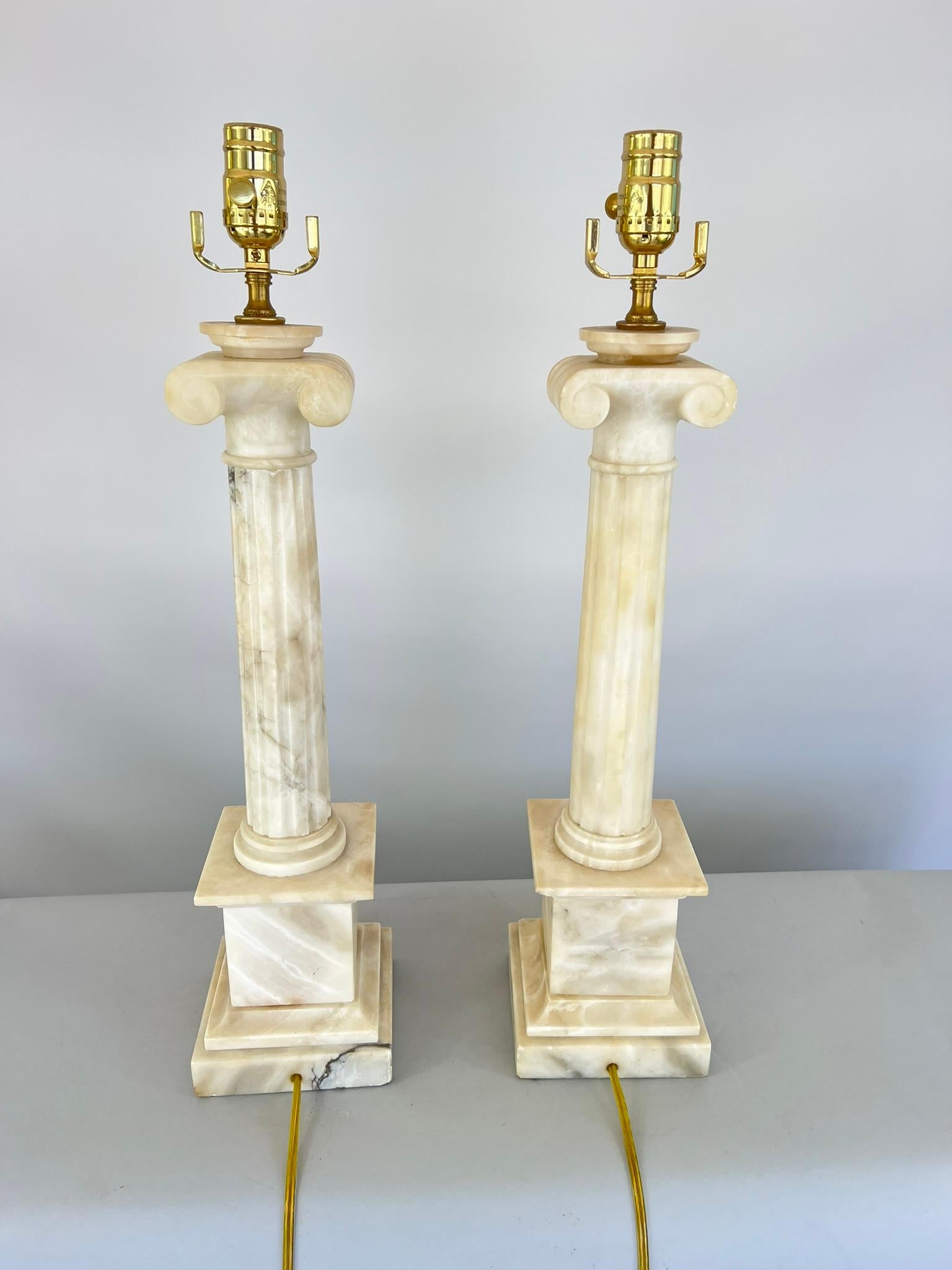 Italian Pair of Carved Alabaster Columnar Lamps with Ionic Capitals For Sale