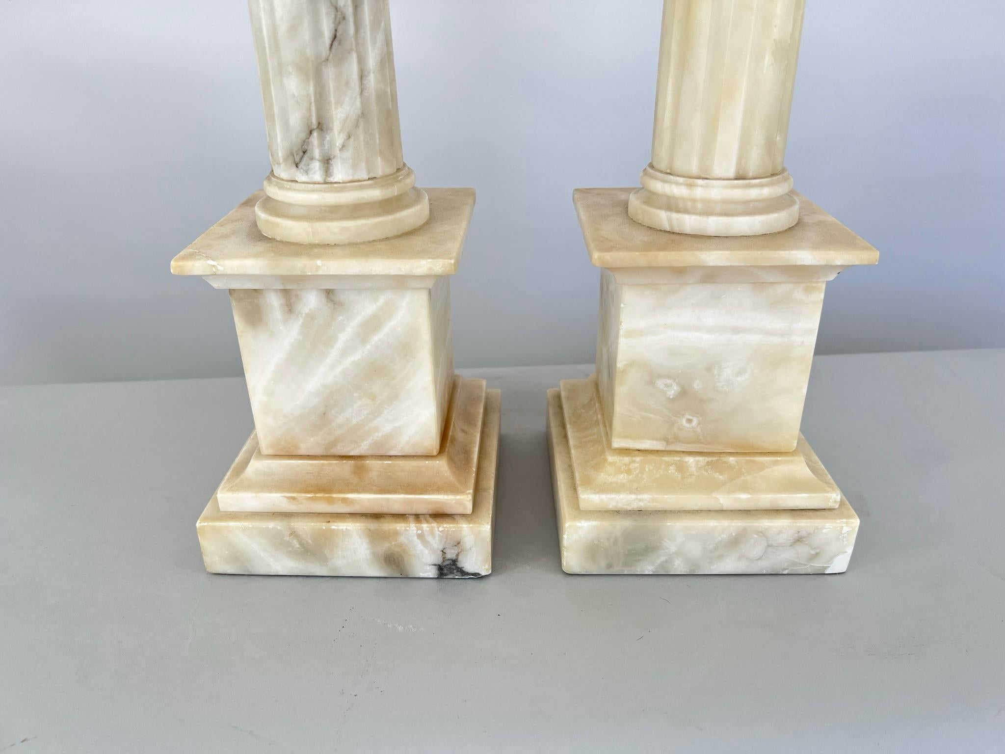 Pair of Carved Alabaster Columnar Lamps with Ionic Capitals In Good Condition For Sale In West Palm Beach, FL