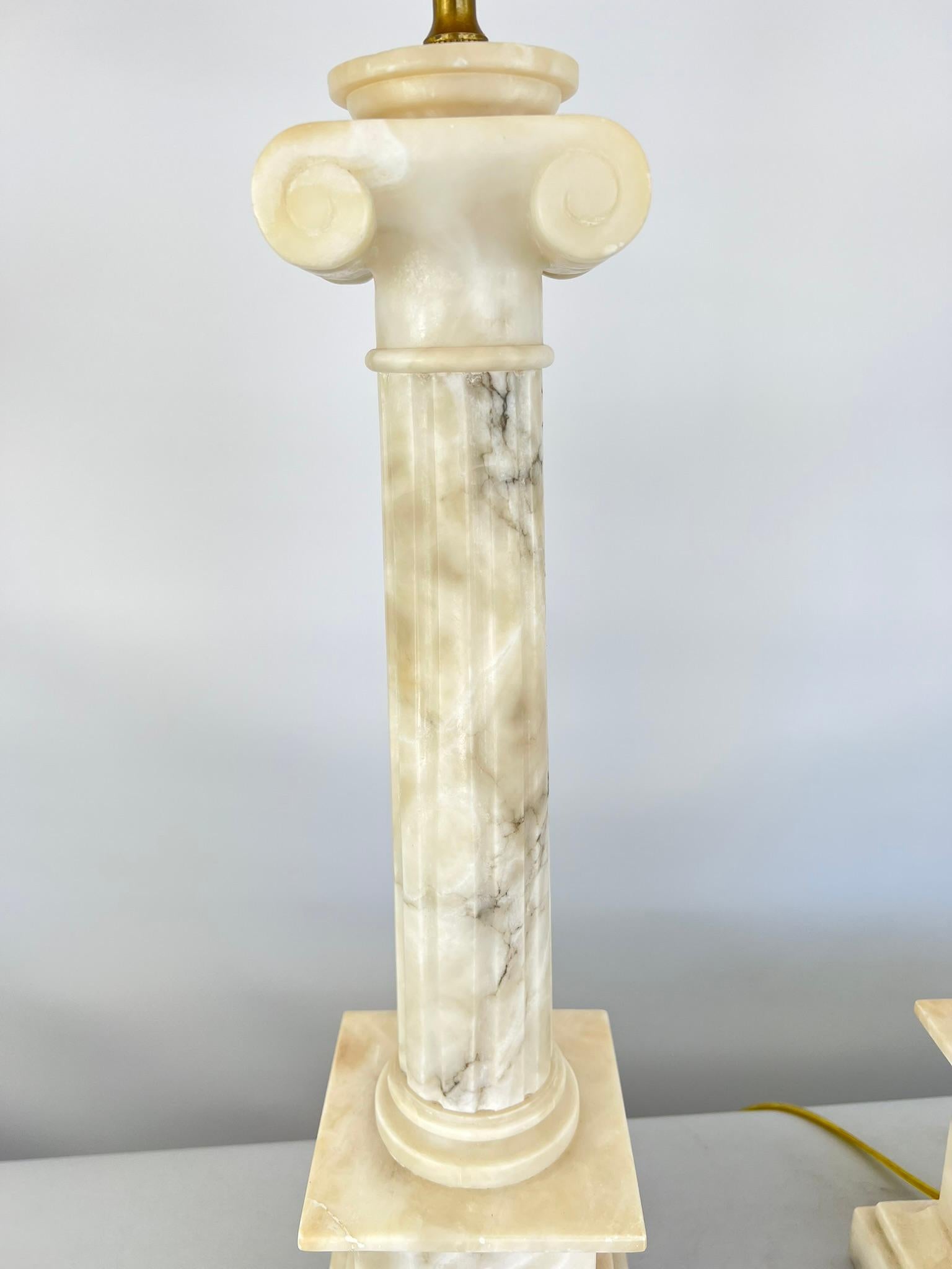 20th Century Pair of Carved Alabaster Columnar Lamps with Ionic Capitals For Sale