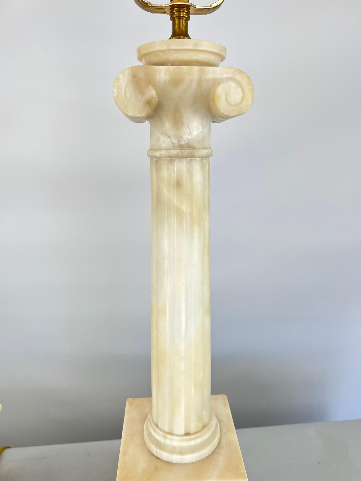 Pair of Carved Alabaster Columnar Lamps with Ionic Capitals For Sale 1