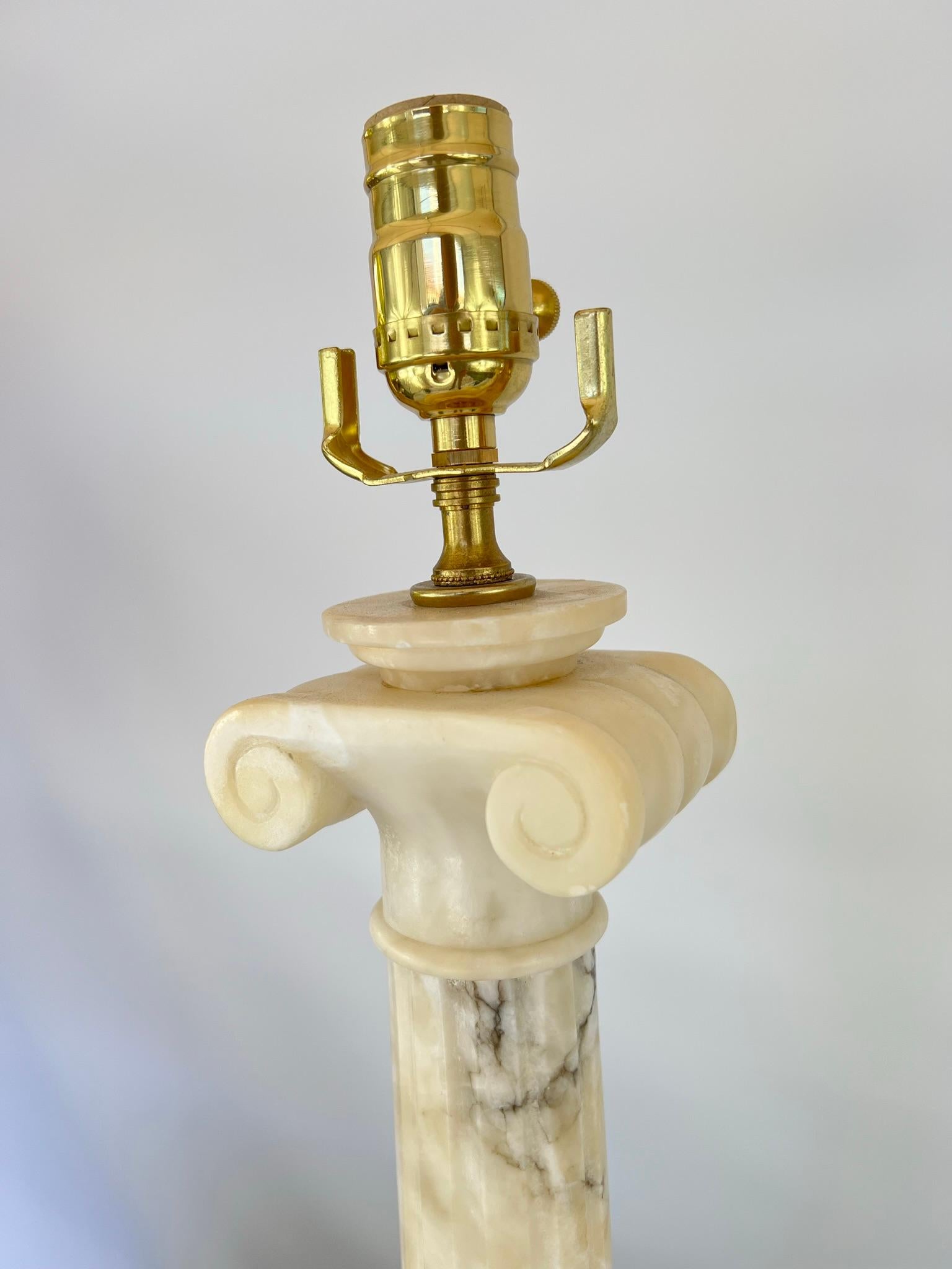 Pair of Carved Alabaster Columnar Lamps with Ionic Capitals For Sale 2
