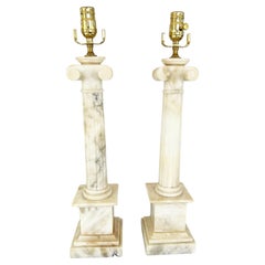 Vintage Pair of Carved Alabaster Columnar Lamps with Ionic Capitals