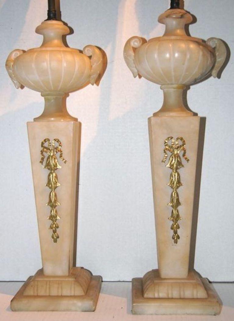 French Pair of Carved Alabaster Lamps For Sale