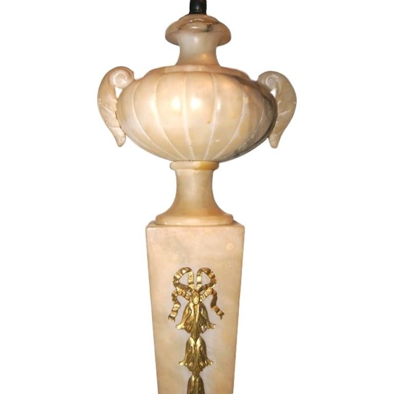 Hand-Carved Pair of Carved Alabaster Lamps For Sale