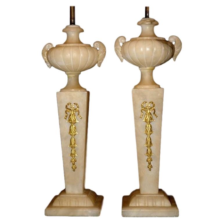 Pair of Carved Alabaster Lamps