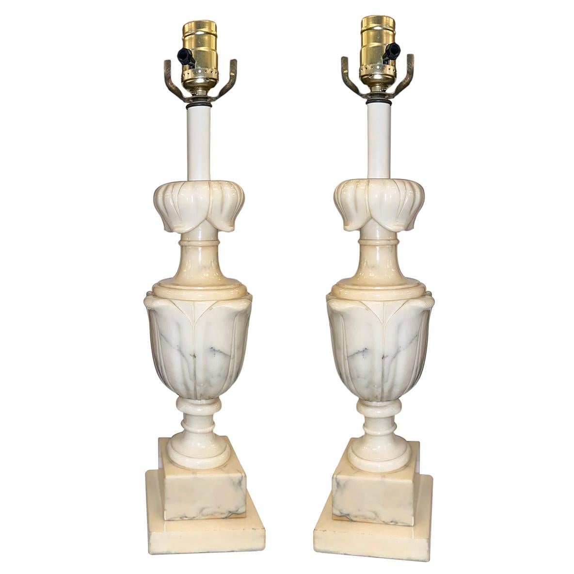 Pair of Carved Alabaster Lamps For Sale