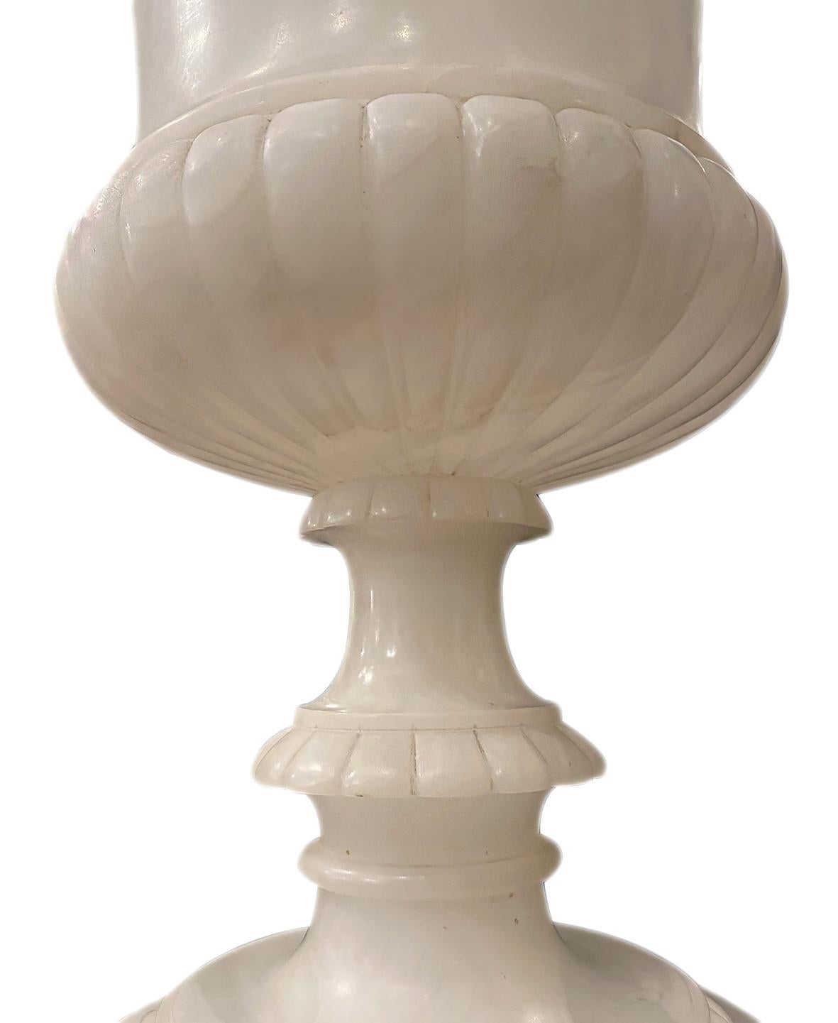 Italian Pair of Carved Alabaster Urn Lamps For Sale