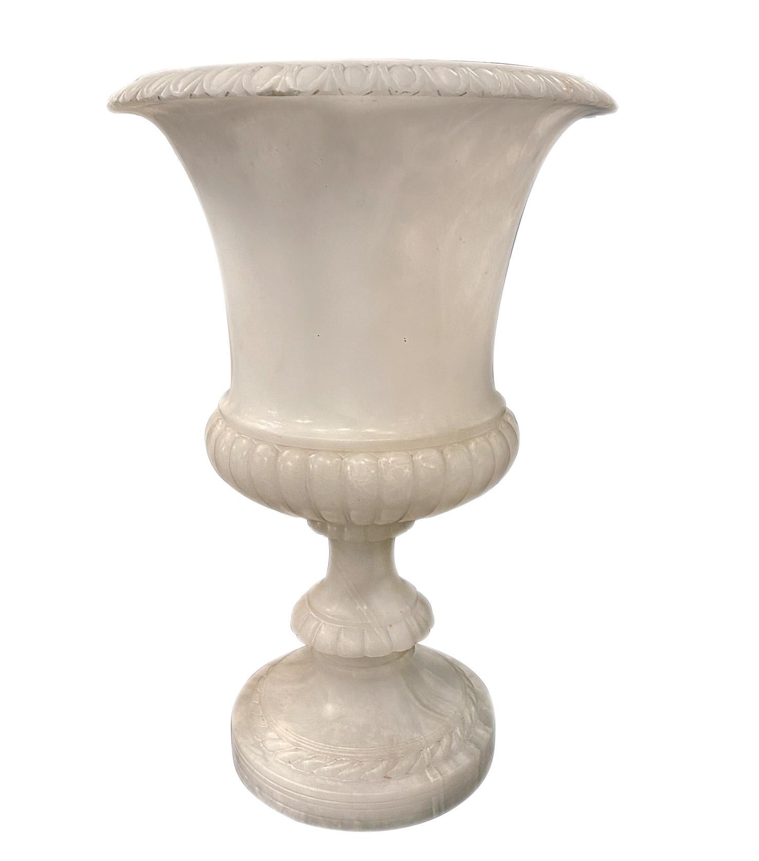 Pair of Carved Alabaster Urn Lamps In Good Condition For Sale In New York, NY