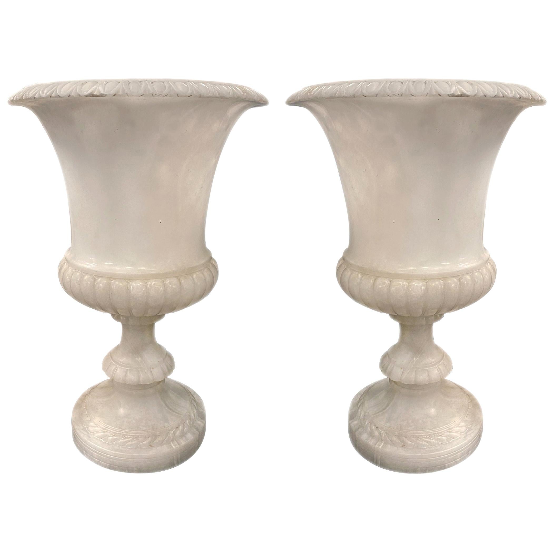 Pair of Carved Alabaster Urn Lamps For Sale