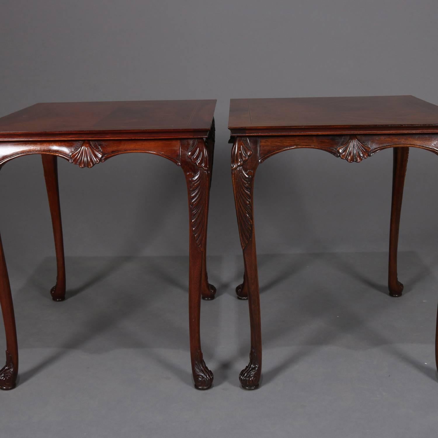 Pair of Carved and Bookmatched Flame Mahogany Baker School End Tables circa 1930 7