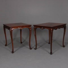 Pair of Carved and Bookmatched Flame Mahogany Baker School End Tables circa 1930
