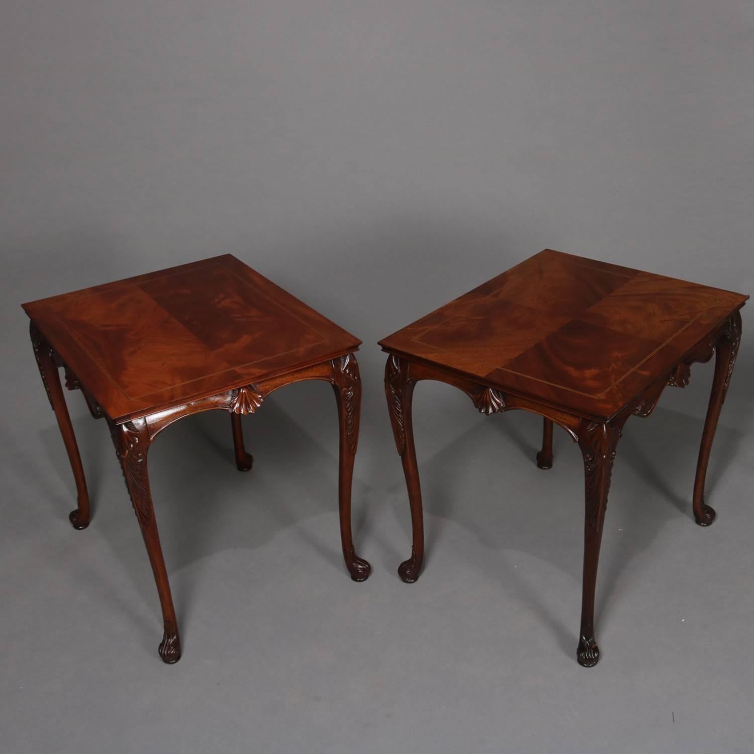 American Pair of Carved and Bookmatched Flame Mahogany Baker School End Tables circa 1930