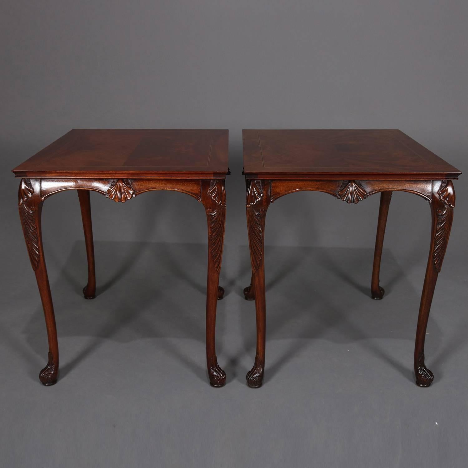 Pair of Carved and Bookmatched Flame Mahogany Baker School End Tables circa 1930 In Good Condition In Big Flats, NY