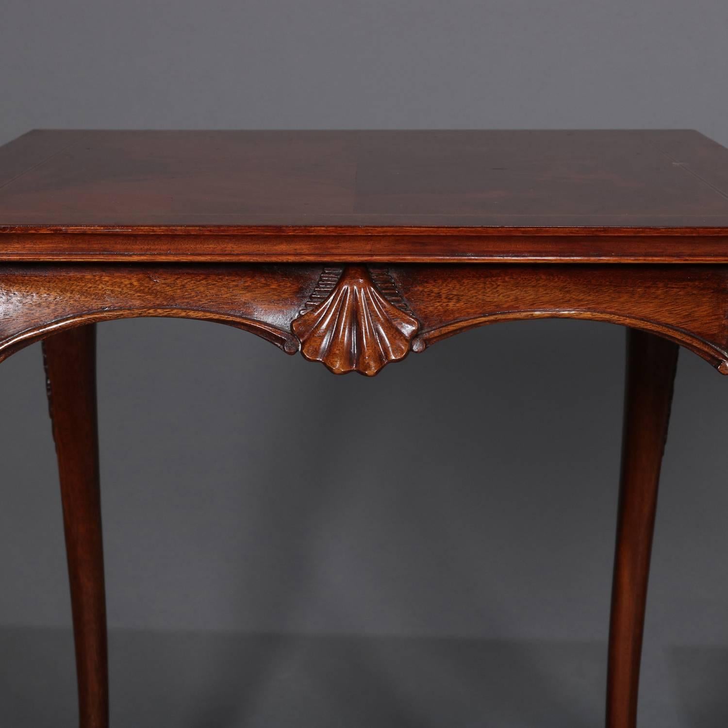 Pair of Carved and Bookmatched Flame Mahogany Baker School End Tables circa 1930 1