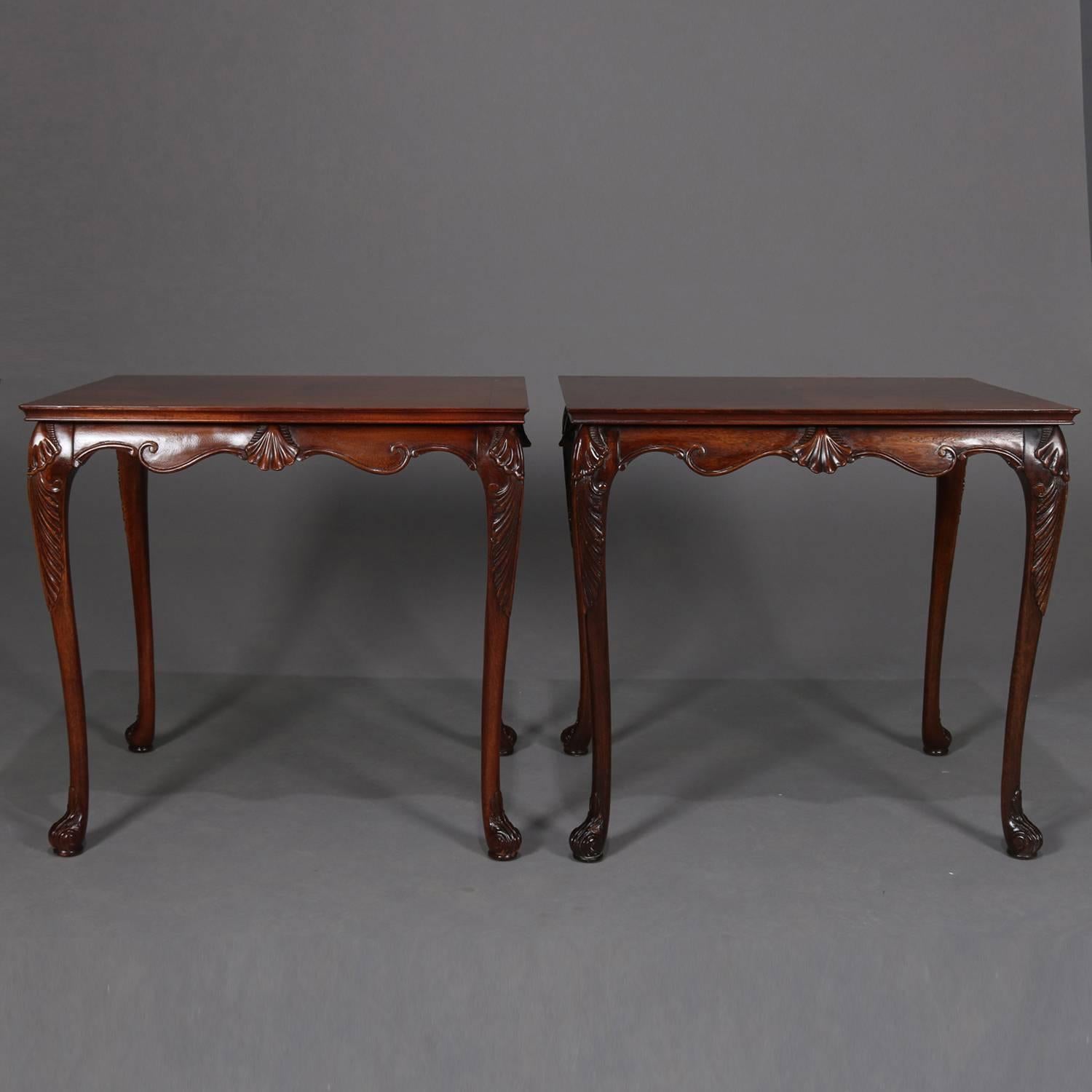 Pair of Carved and Bookmatched Flame Mahogany Baker School End Tables circa 1930 2